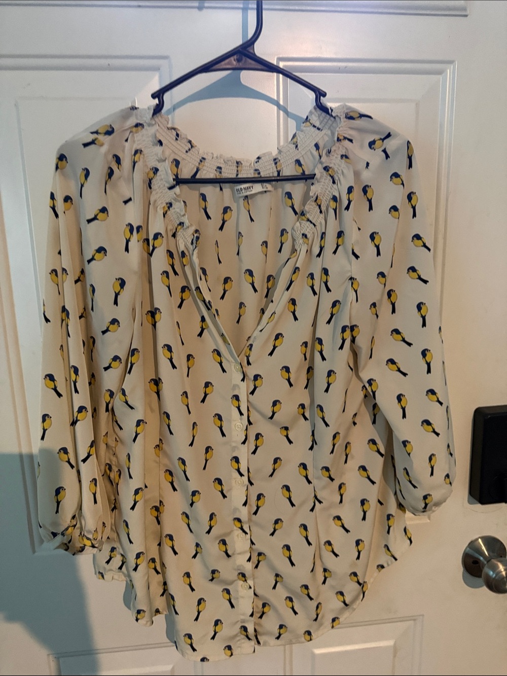 Old Navy Cream Button-Down Shirt with Yellow & Navy Bird Print